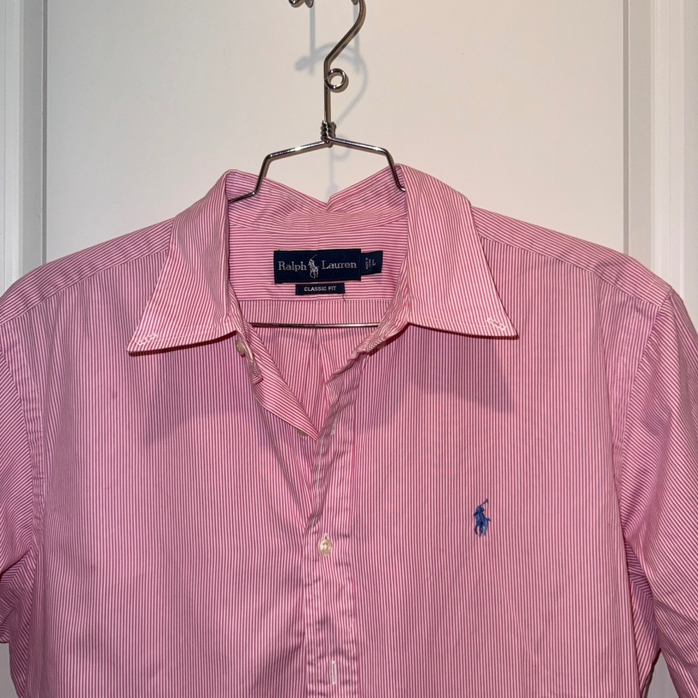 Ralph Lauren Mens Classic Fit Pink White Striped Short Sleeve Button Down Shirt